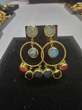 NEW-Gold-Tone Multistone Hoop Dangle Earrings - Green, Blue & Pink